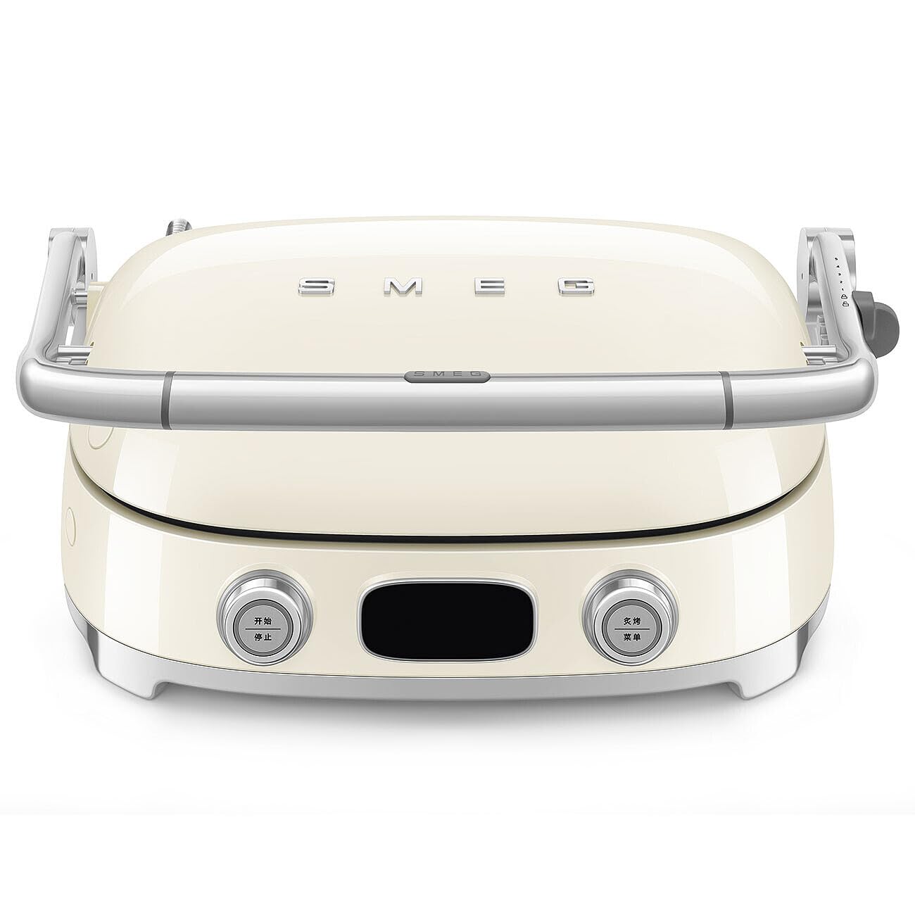 Front view of cream Smeg grill with silver accents on a white background