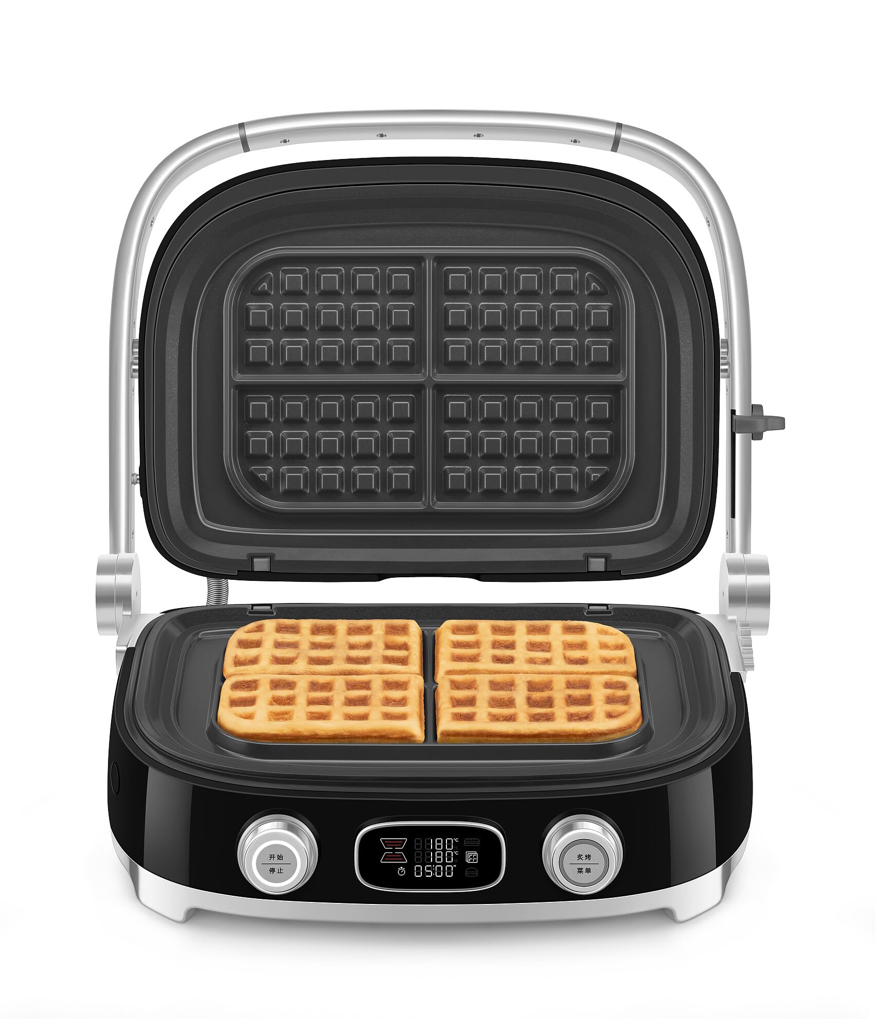 Black Smeg grill with silver accents with made waffles on a white background