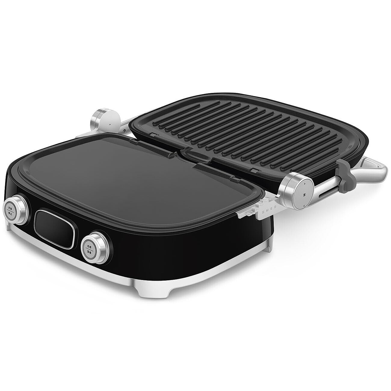 Black Smeg grill with silver accents opened on a white background