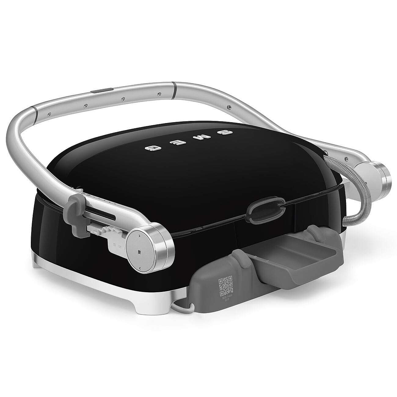 Back view of black Smeg grill with silver accents on a white background