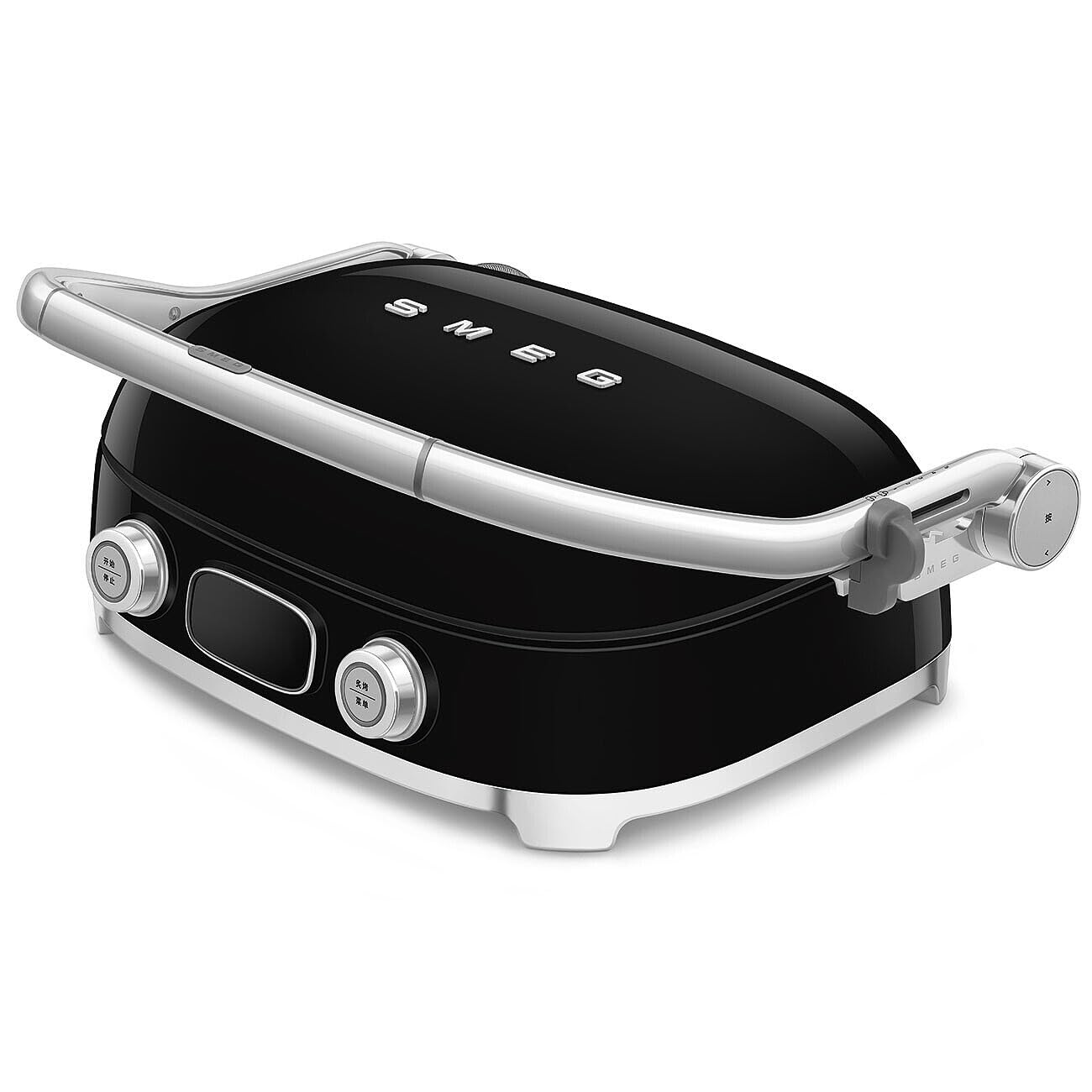 Black Smeg grill with silver accents on a white background