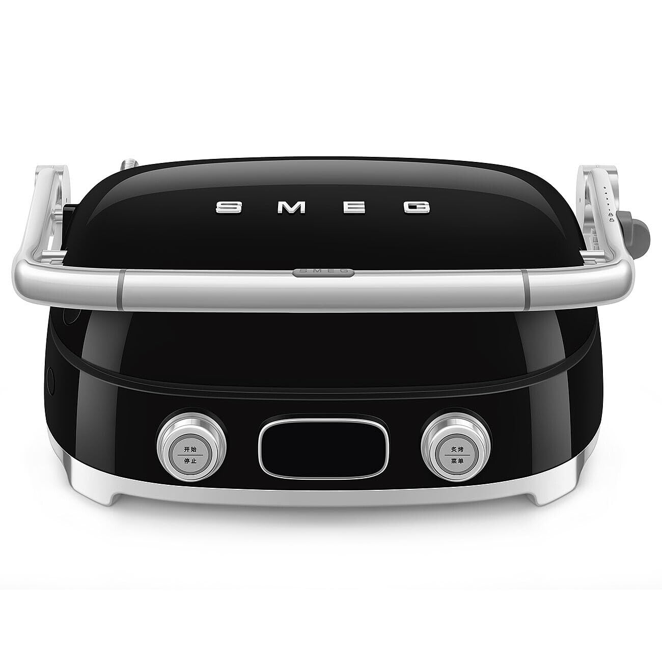 Front view of black Smeg grill with silver accents on a white background