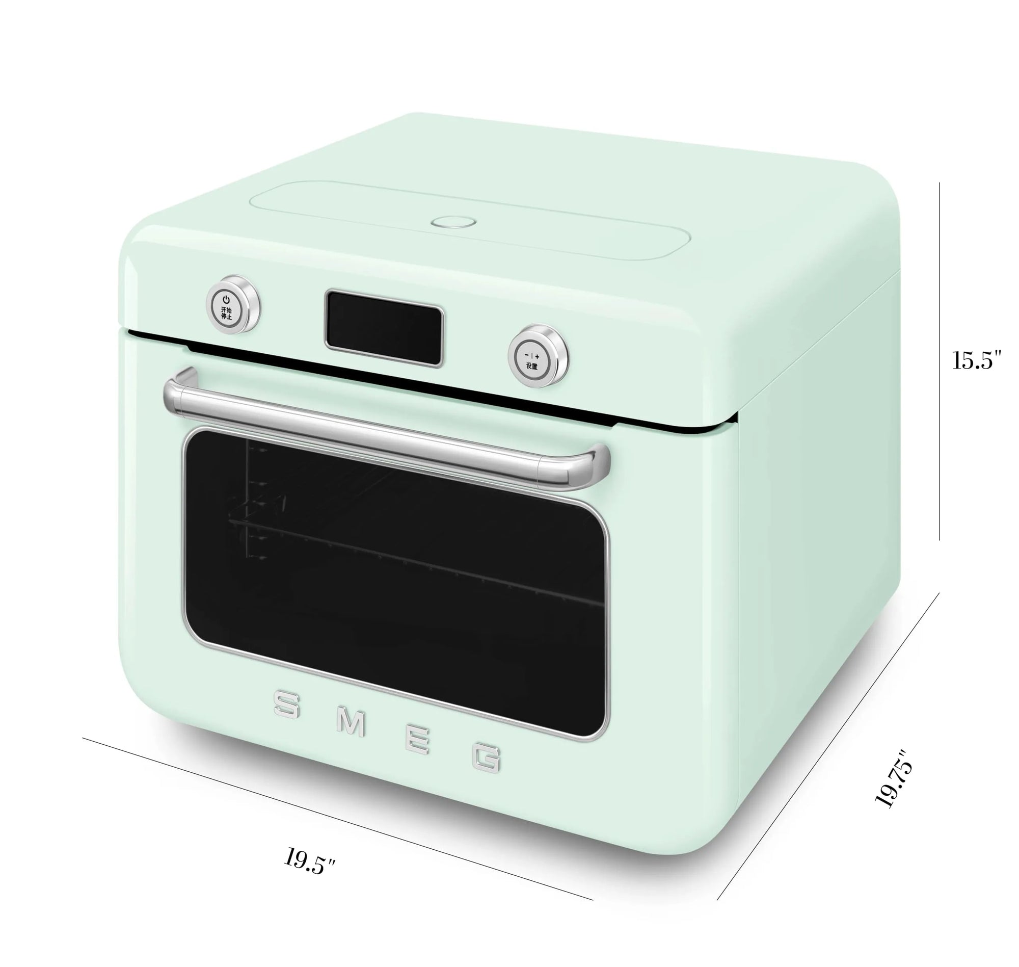 Pastel green Smeg retro line countertop air fry oven with dimensions on a white background