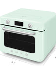Pastel green Smeg retro line countertop air fry oven with dimensions on a white background