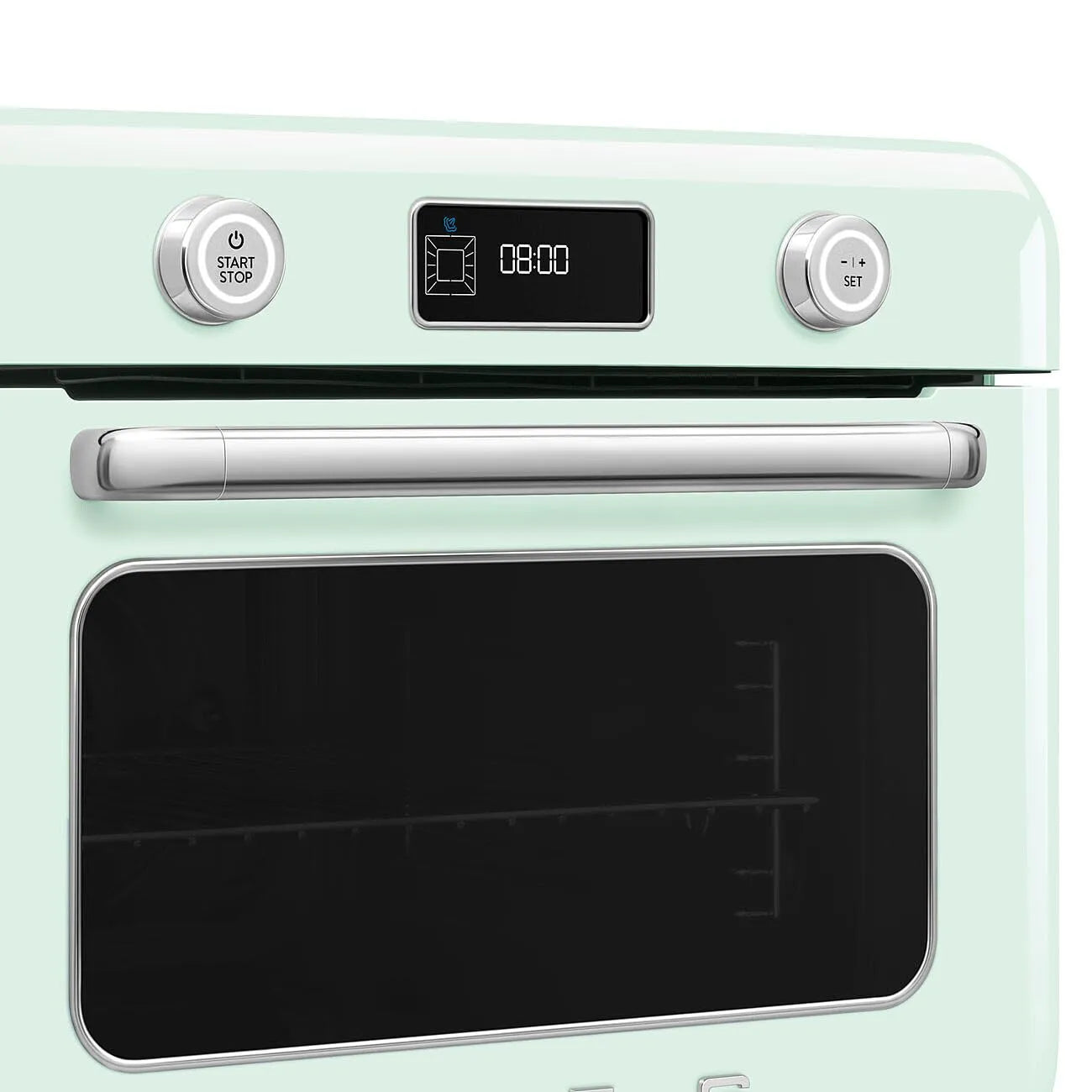 Pastel green Smeg retro line countertop air fry oven with digital panel with 2 switch knobs on a white background