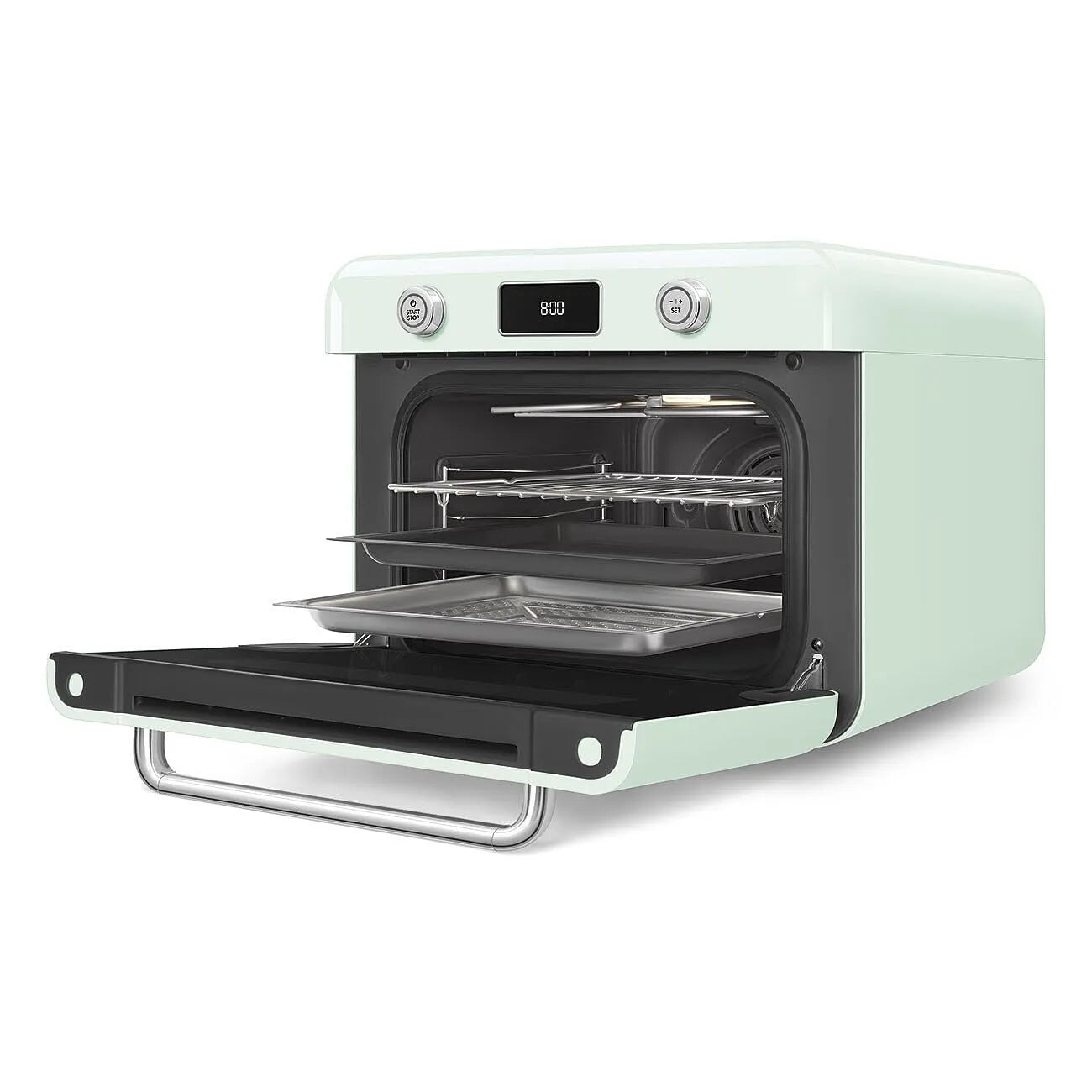 Pastel green Smeg retro line countertop air fry oven with door open with baking sheets on a white background