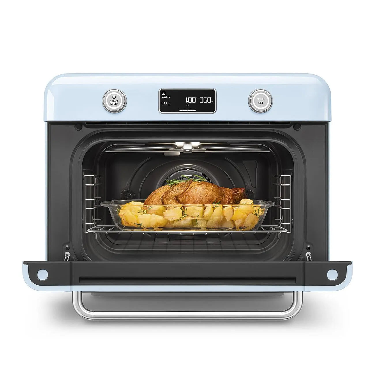 Pastel blue Smeg retro line countertop air fry oven with door open with food on a clear container on a white background