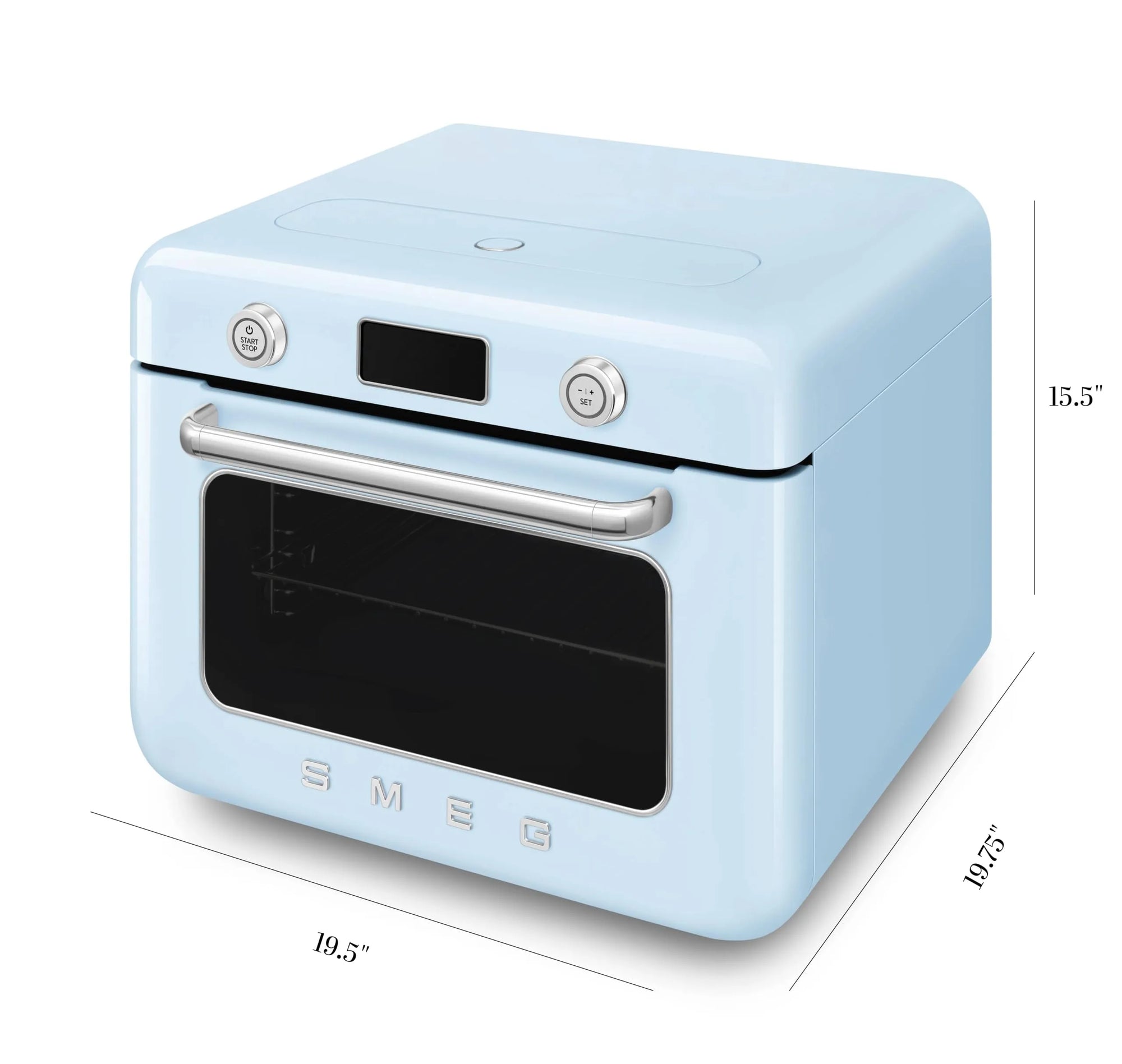 Pastel blue Smeg retro line countertop air fry oven with dimensions on a white background