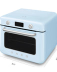 Pastel blue Smeg retro line countertop air fry oven with dimensions on a white background