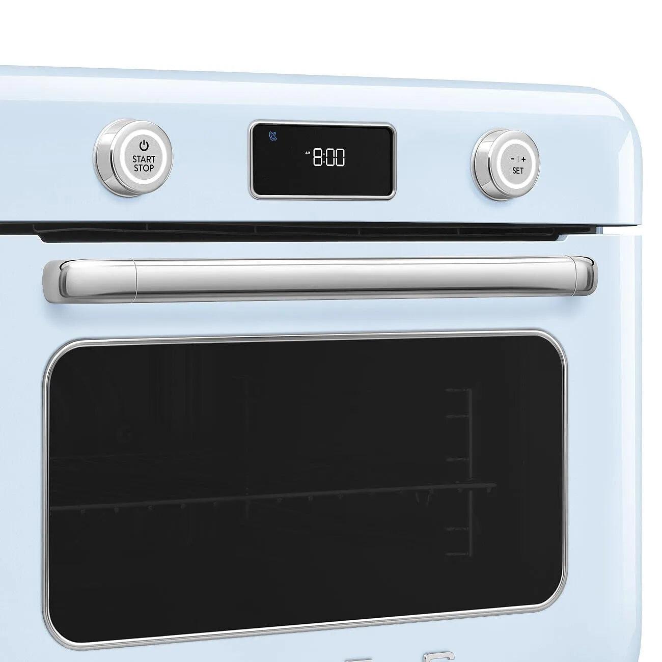 Pastel blue Smeg retro line countertop air fry oven with digital panel with 2 switch knobs on a white background