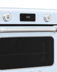 Pastel blue Smeg retro line countertop air fry oven with digital panel with 2 switch knobs on a white background