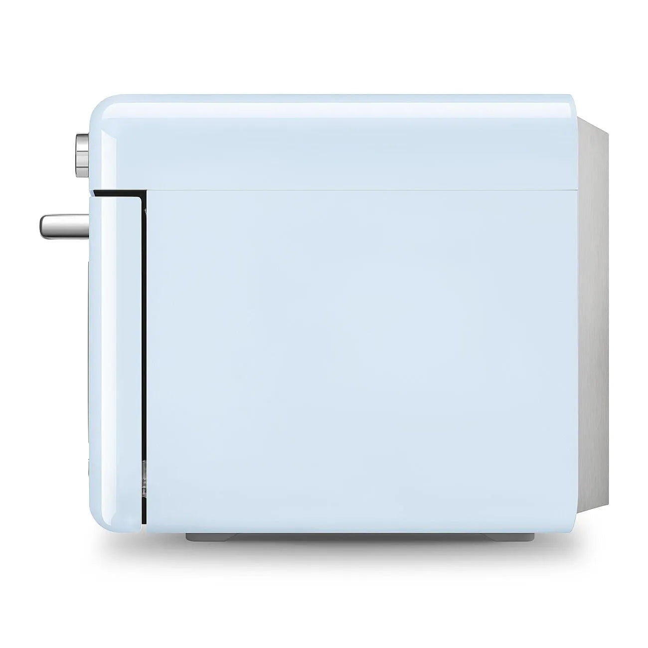 Side view pastel blue Smeg retro line countertop air fry oven on a white background