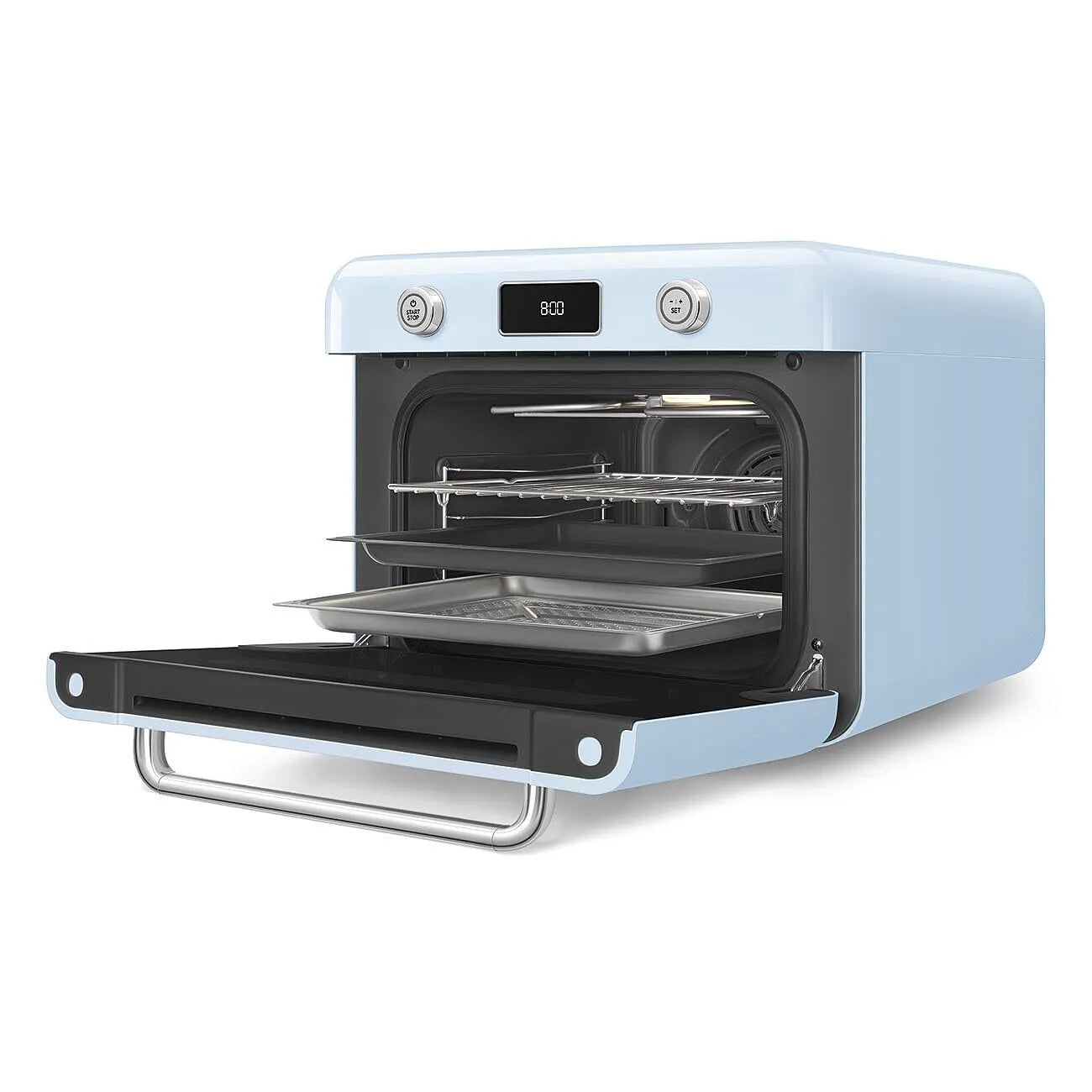 Pastel blue Smeg retro line countertop air fry oven with door open with baking sheets on a white background