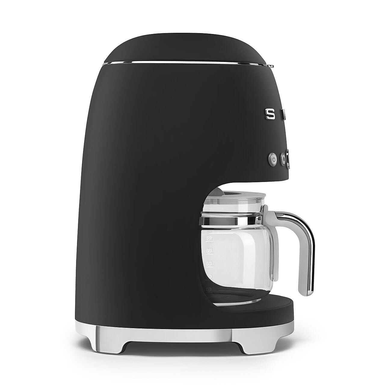 Side view of matte black Smeg coffee machine on a white background