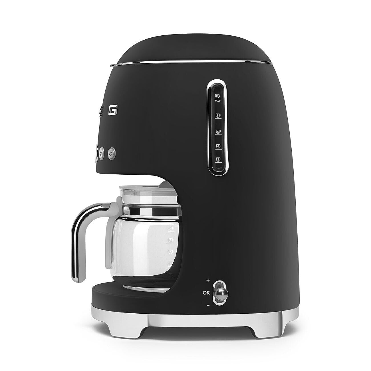 Side view of matte black Smeg coffee machine on a white background