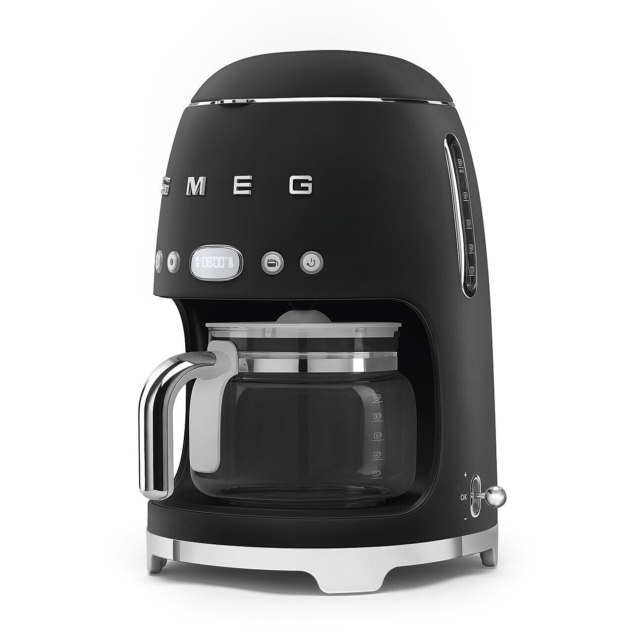 Matte black Smeg coffee machine on a white background