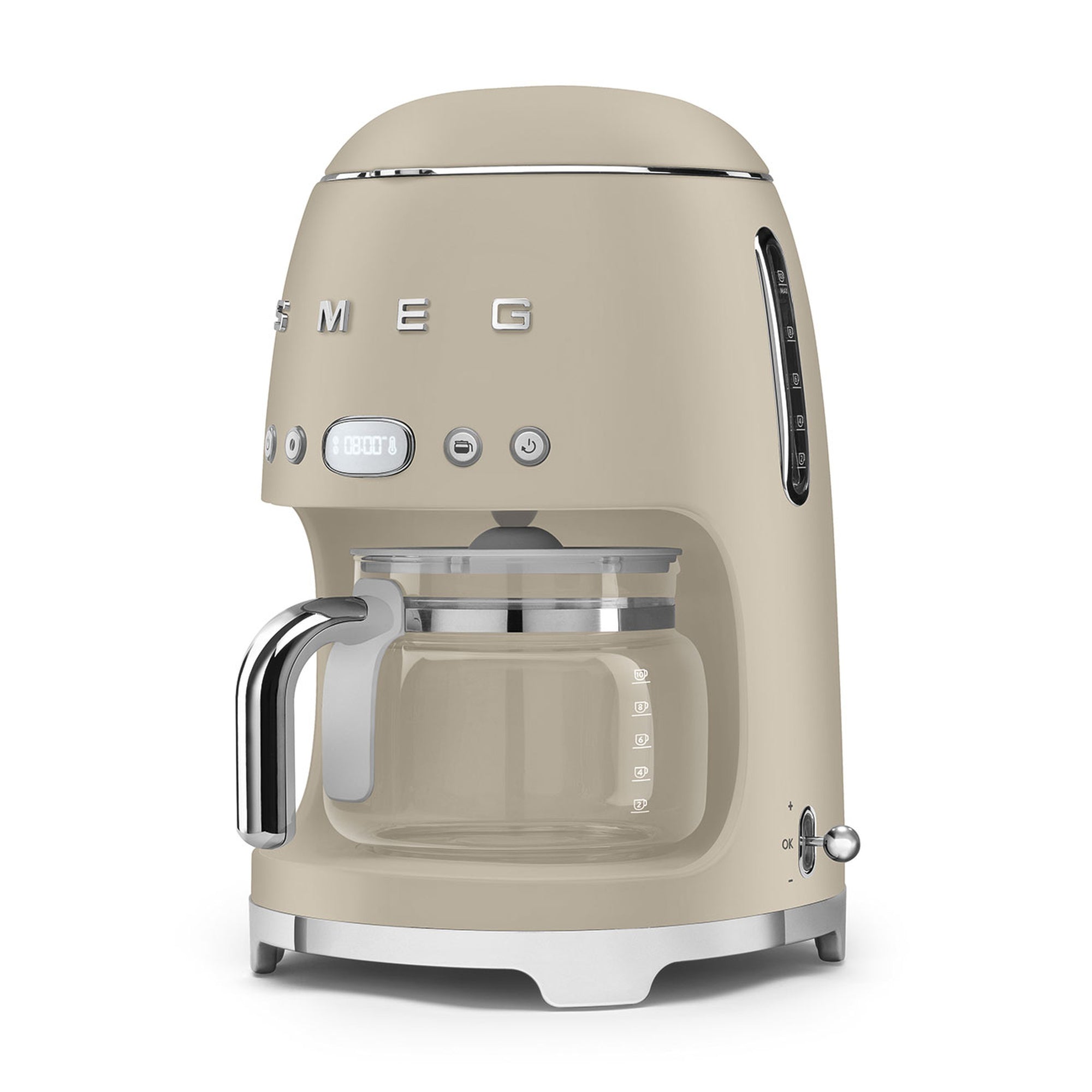 Matte beige Smeg coffee machine on a white background