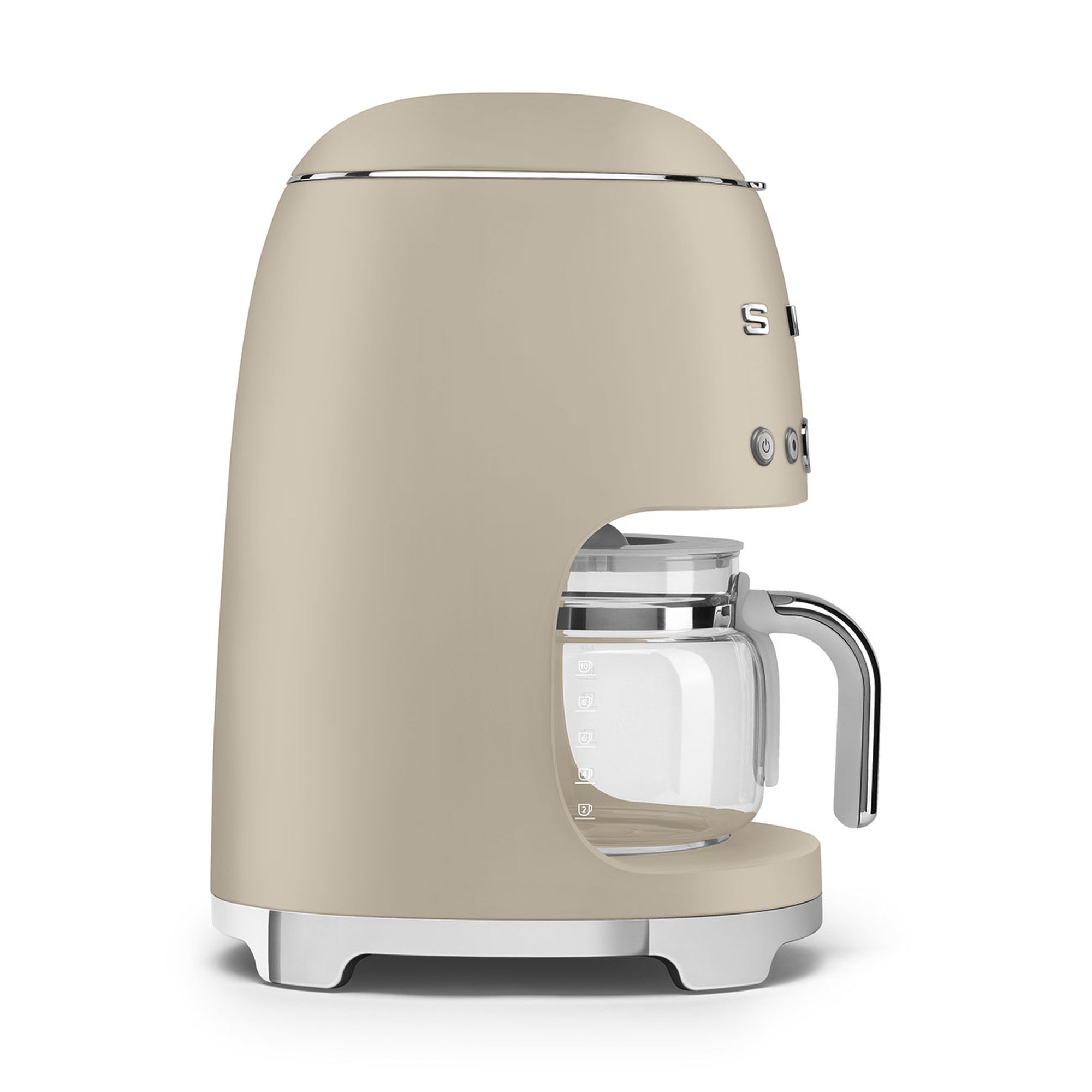 Side view of matte beige Smeg coffee machine on a white background
