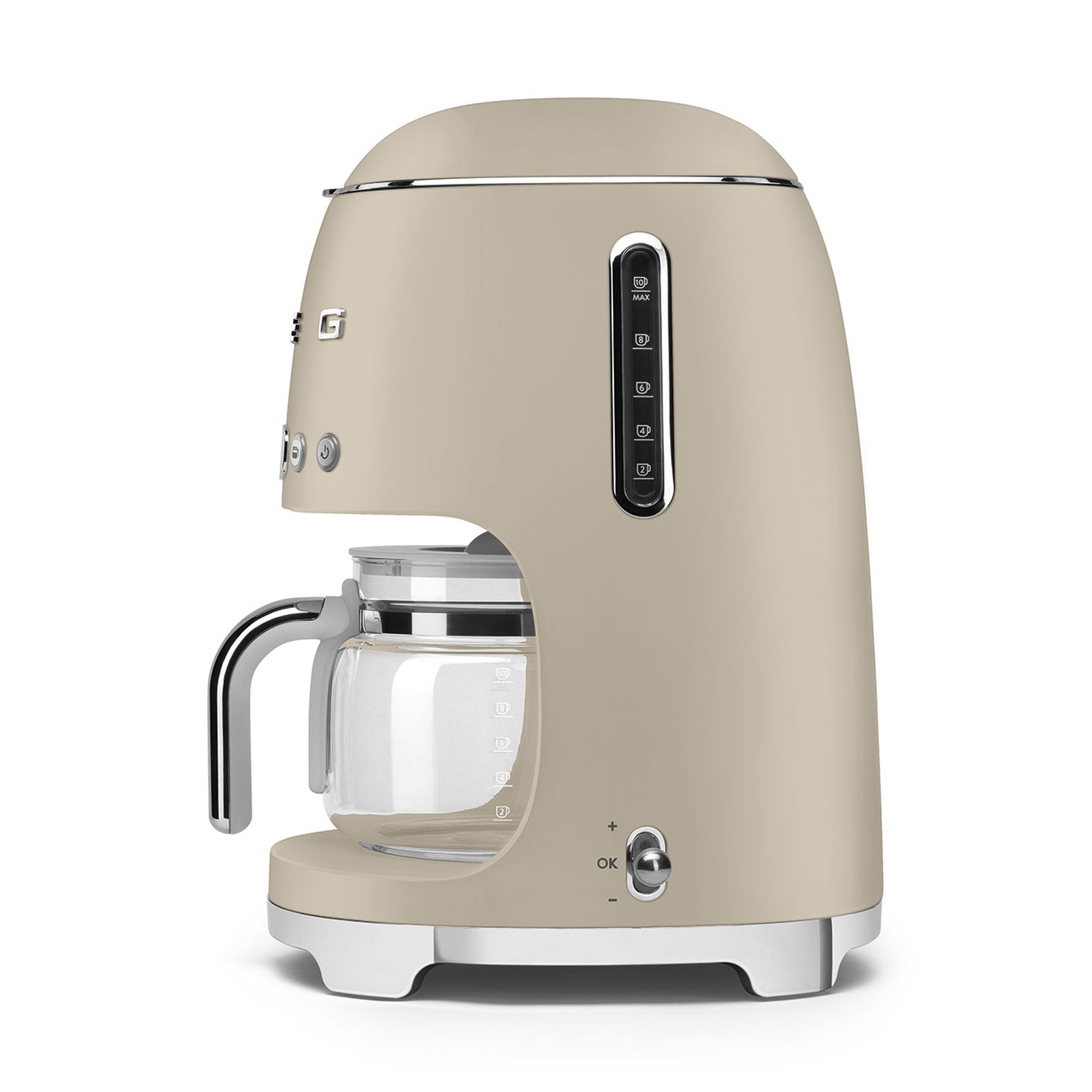 Side view of matte beige Smeg coffee machine on a white background