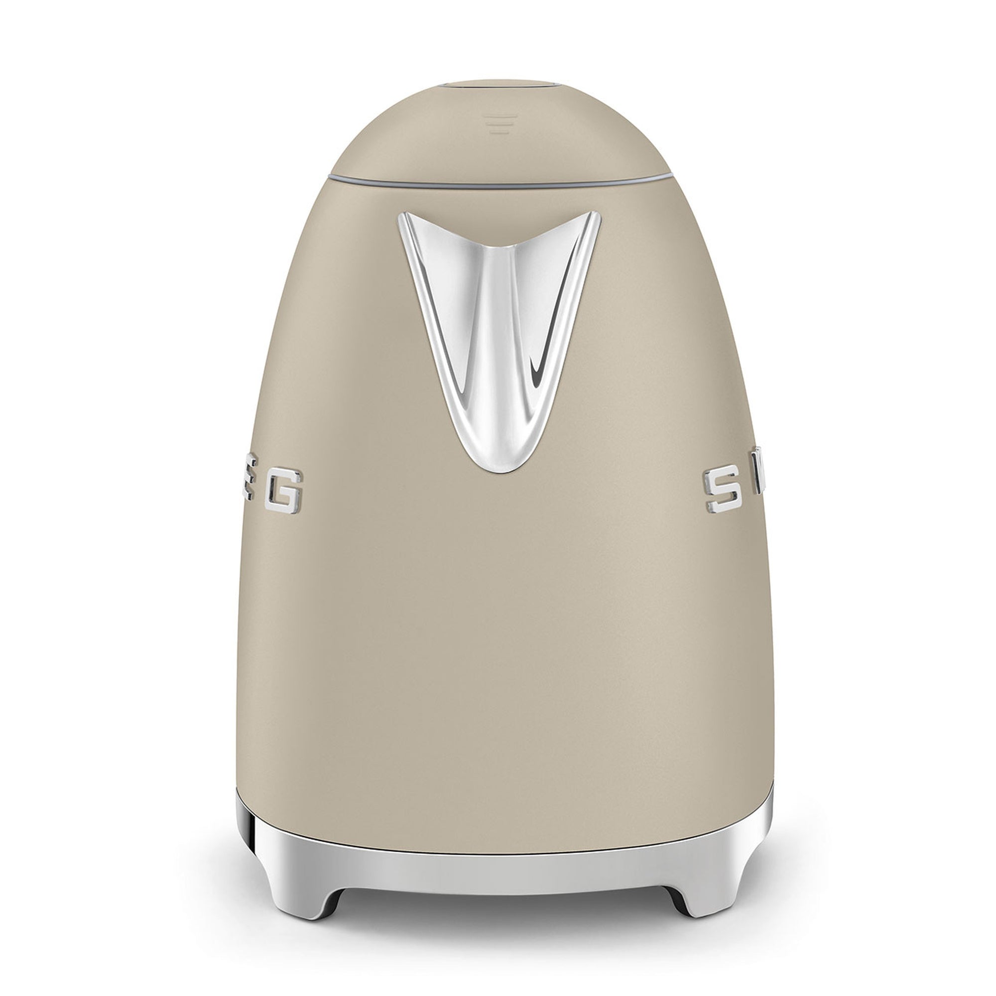 Side view of matte beige kettle with SMEG logo on a white background