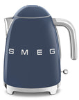 Front view of navy blue Smeg 50s retro line electric kettle displayed on a white background