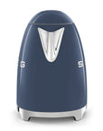 Side view of navy blue Smeg 50s retro line electric kettle displayed on a white background