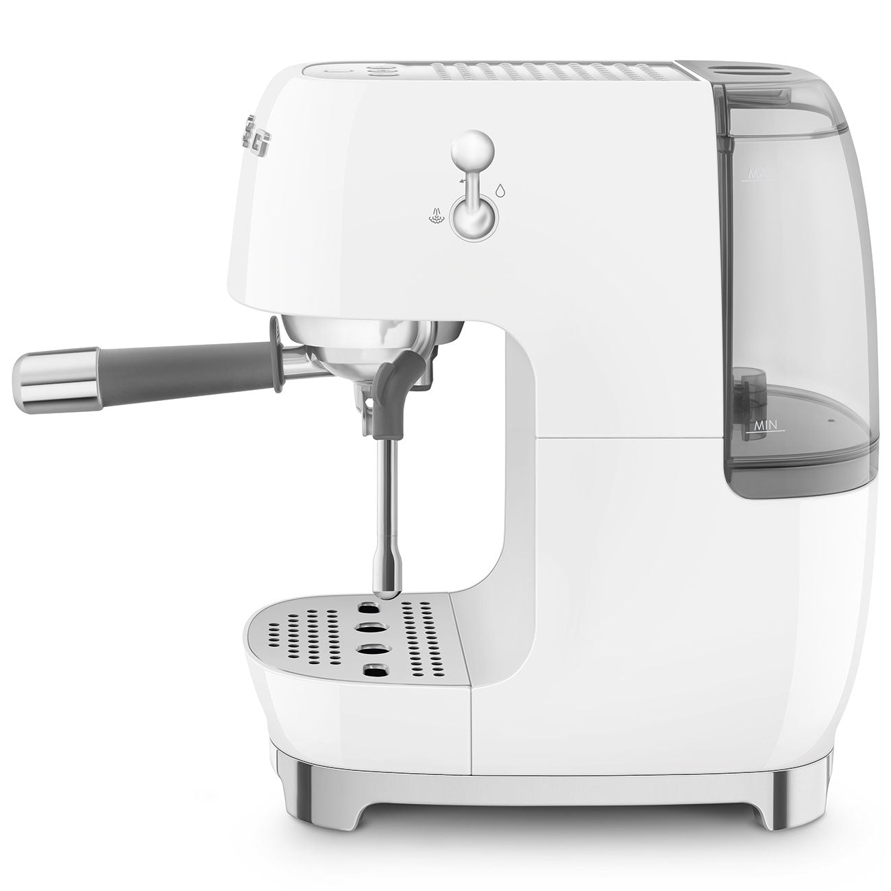 Side view of white SMEG espresso machine on a white background