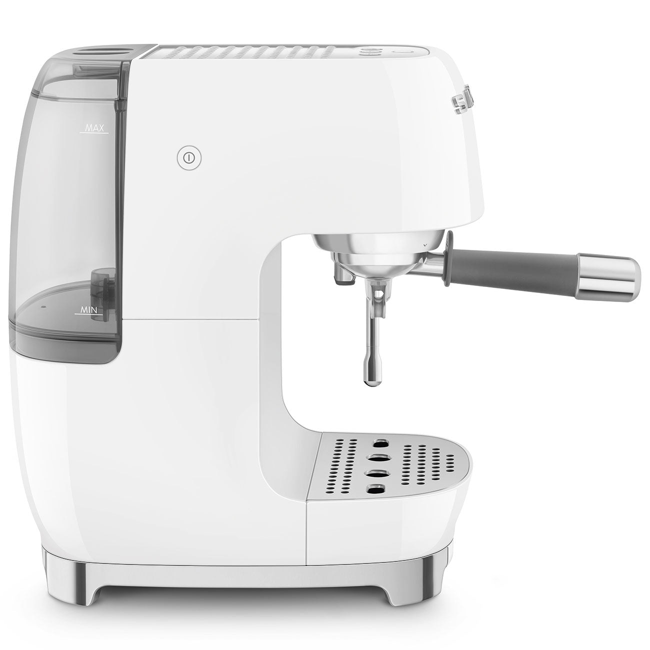 Side view of white SMEG espresso machine on a white background