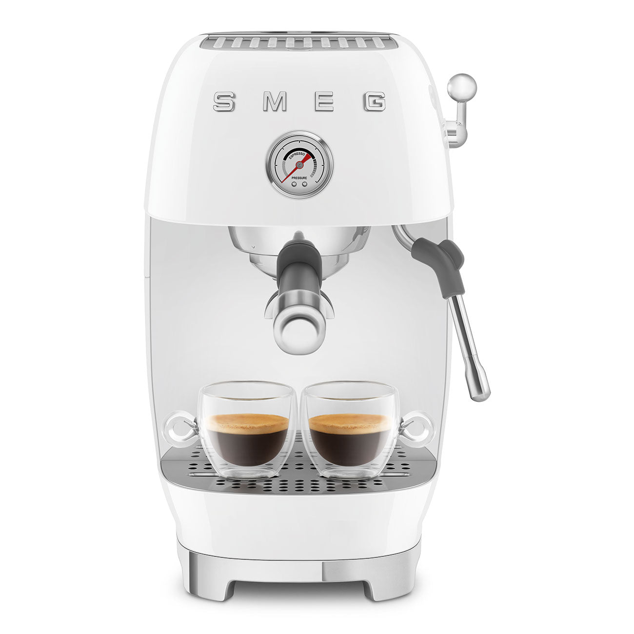 White SMEG espresso machine with two cups of coffee on a white background