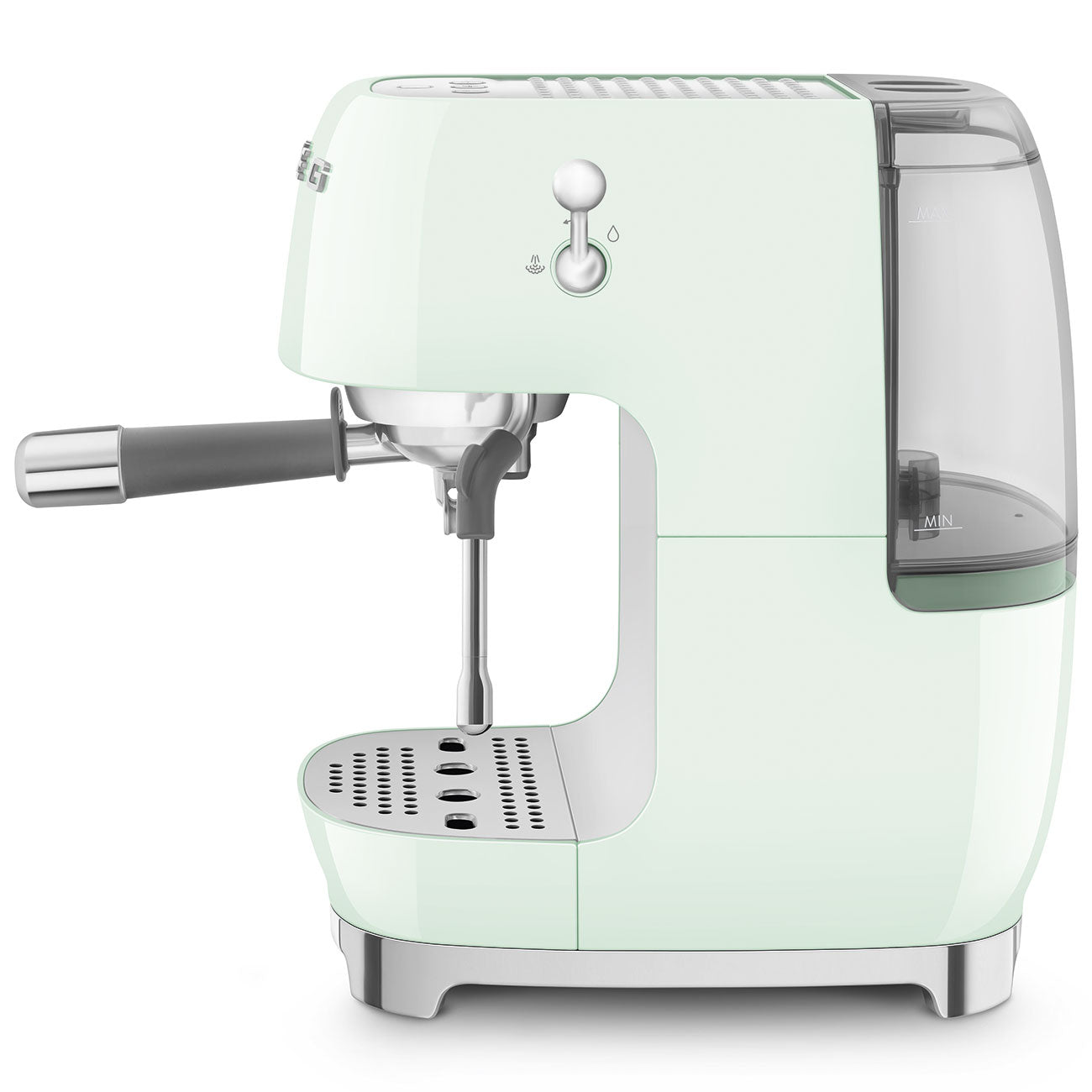Side view of pastel green espresso machine with Smeg logo on a white background