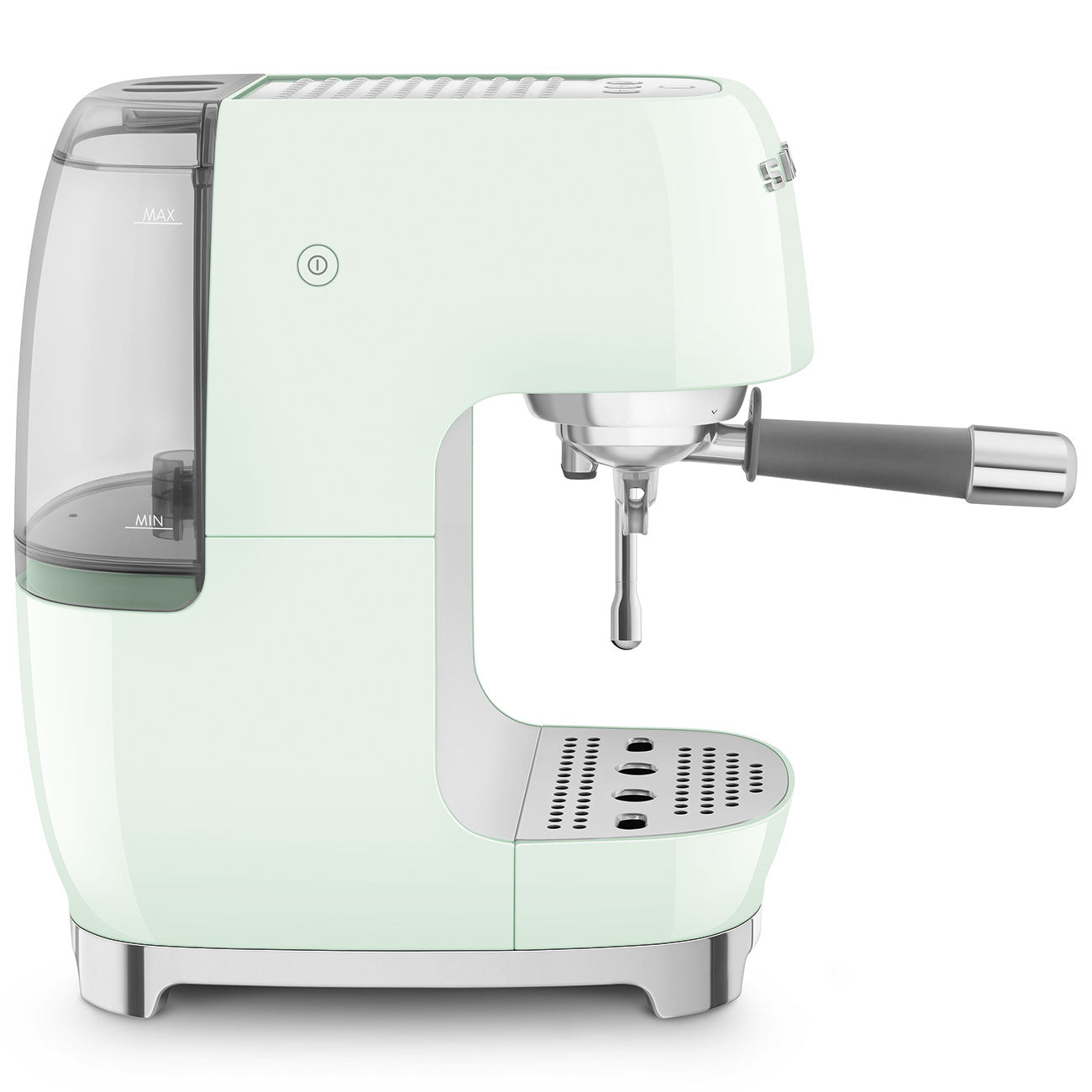 Side view of pastel green espresso machine with Smeg logo on a white background