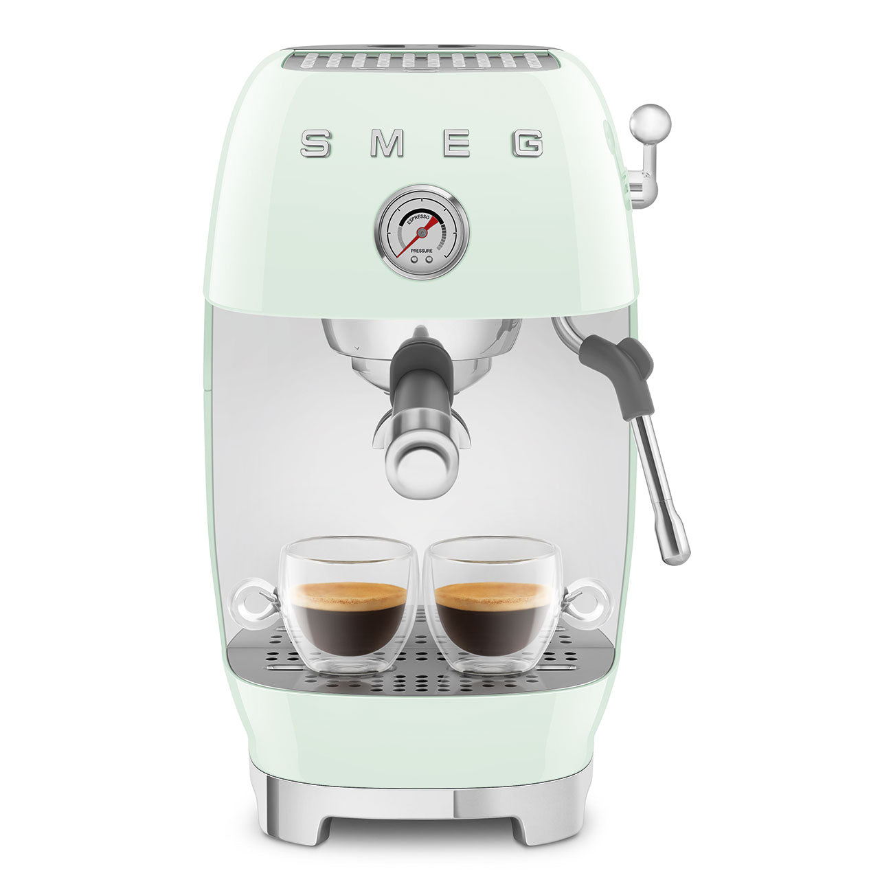 Pastel green Smeg espresso machine with two cups of coffee on a white background