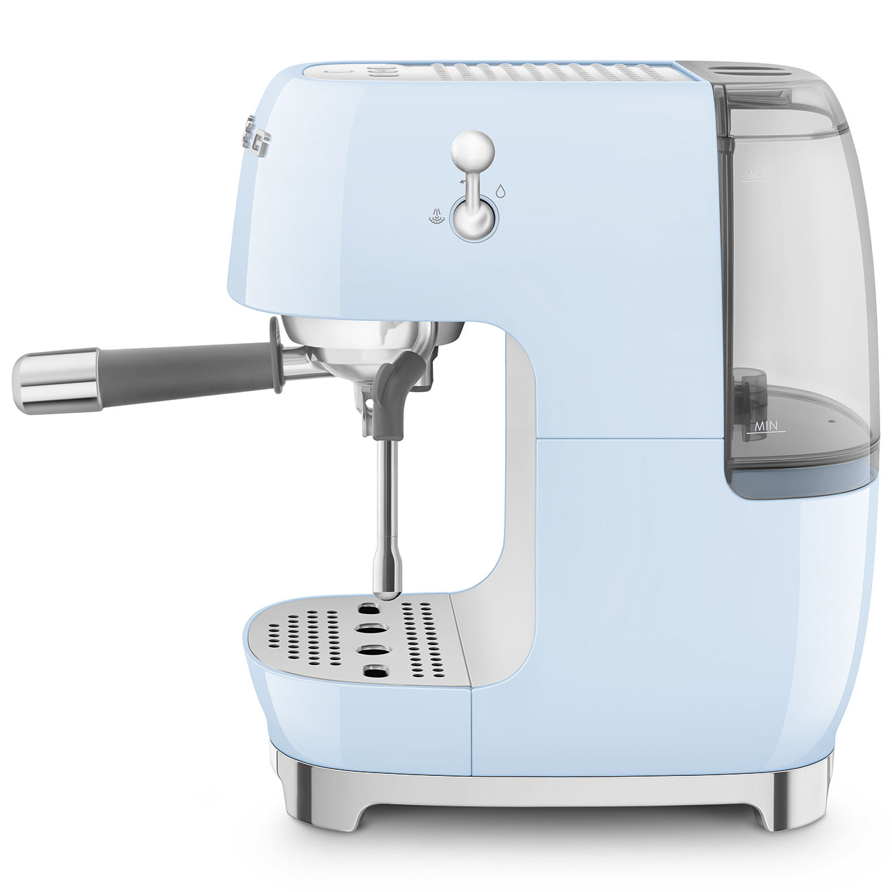 Side view of pastel blue SMEG espresso machine on a white background