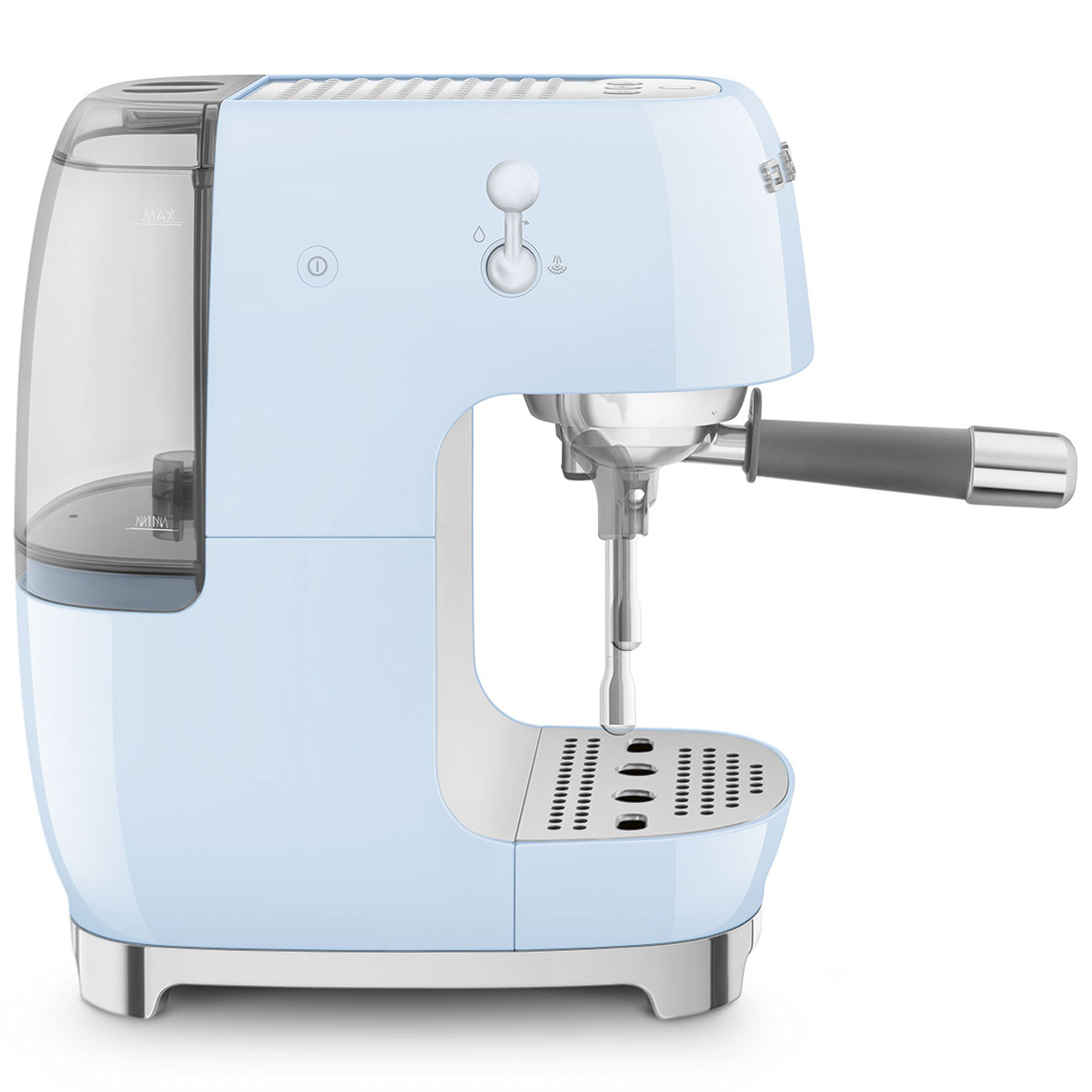 Side view of pastel blue SMEG espresso machine on a white background