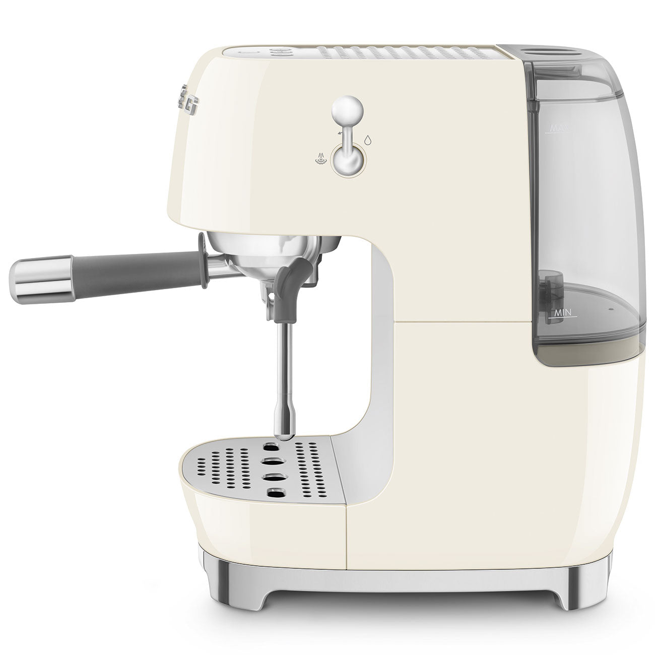 Side view of Cream-colored espresso machine with Smeg logo on a white background