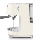 Side view of Cream-colored espresso machine with Smeg logo on a white background