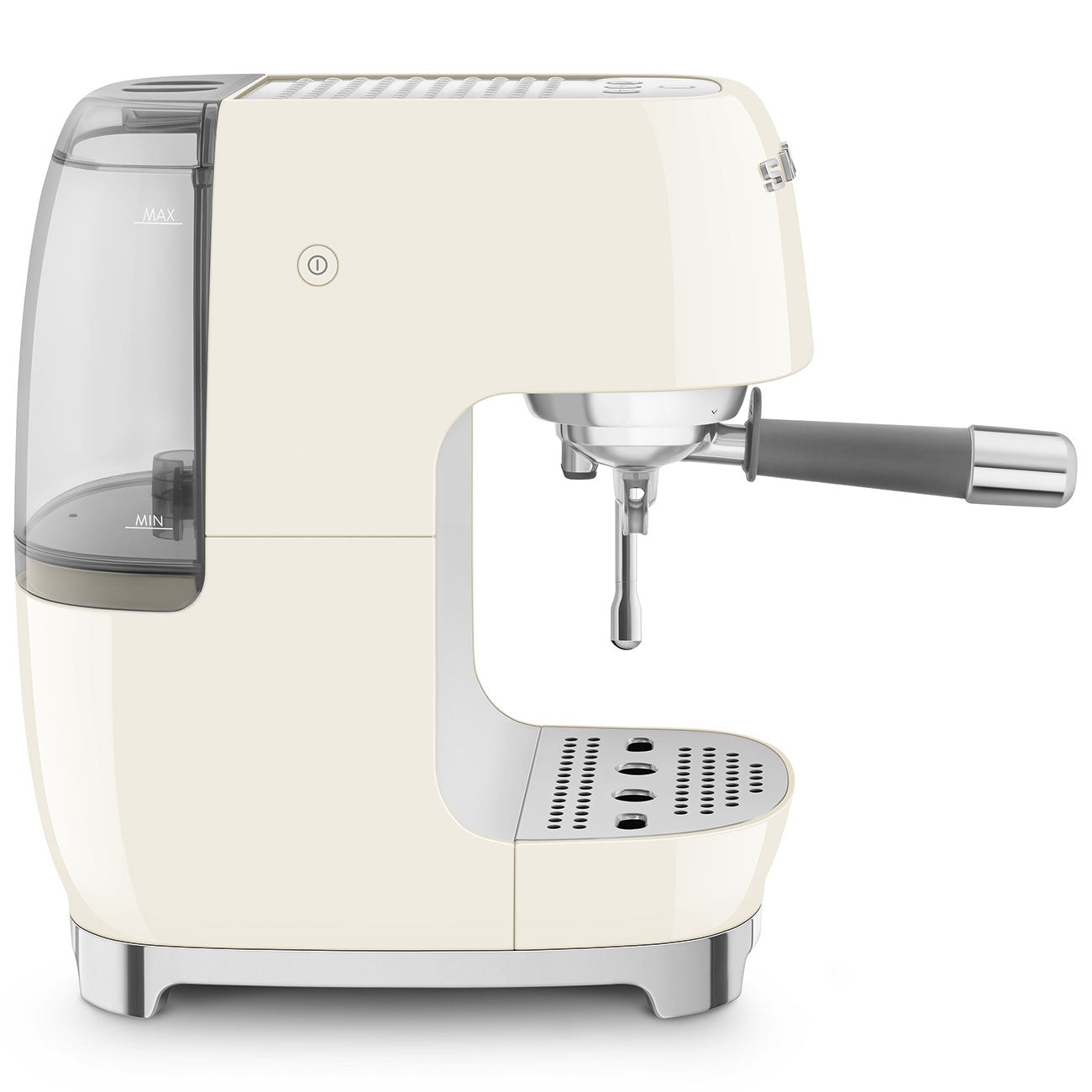 Side view of Cream-colored espresso machine with Smeg logo on a white background