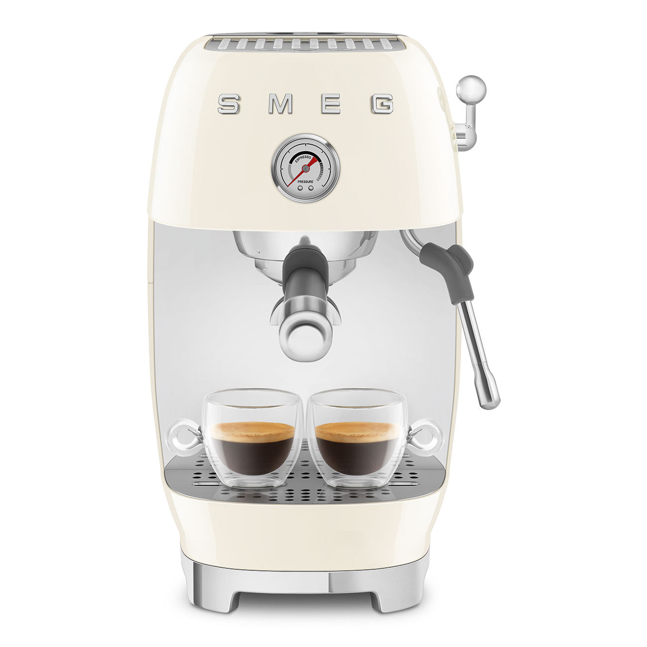 Cream-colored Smeg espresso machine with two glass cups of coffee on a white background