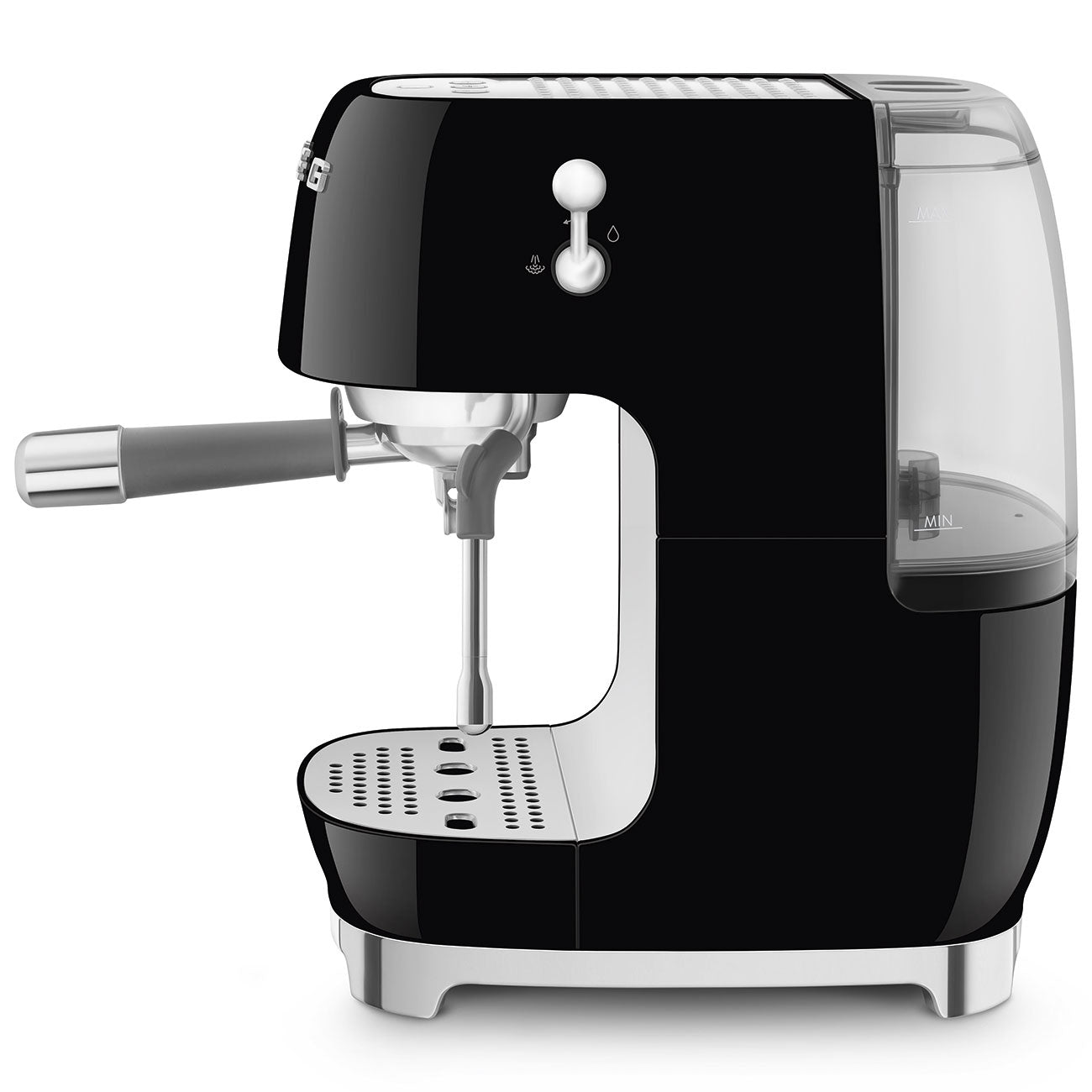 Side view of black SMEG espresso machine on a white background