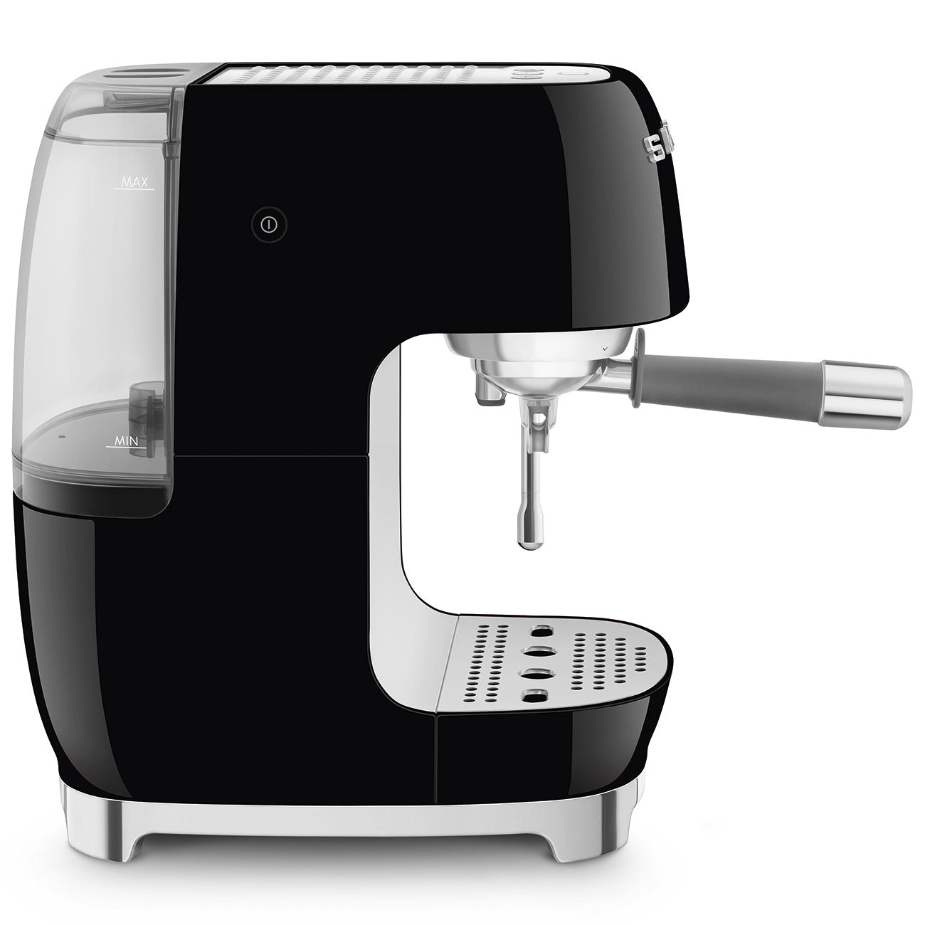 Side view of black SMEG espresso machine on a white background