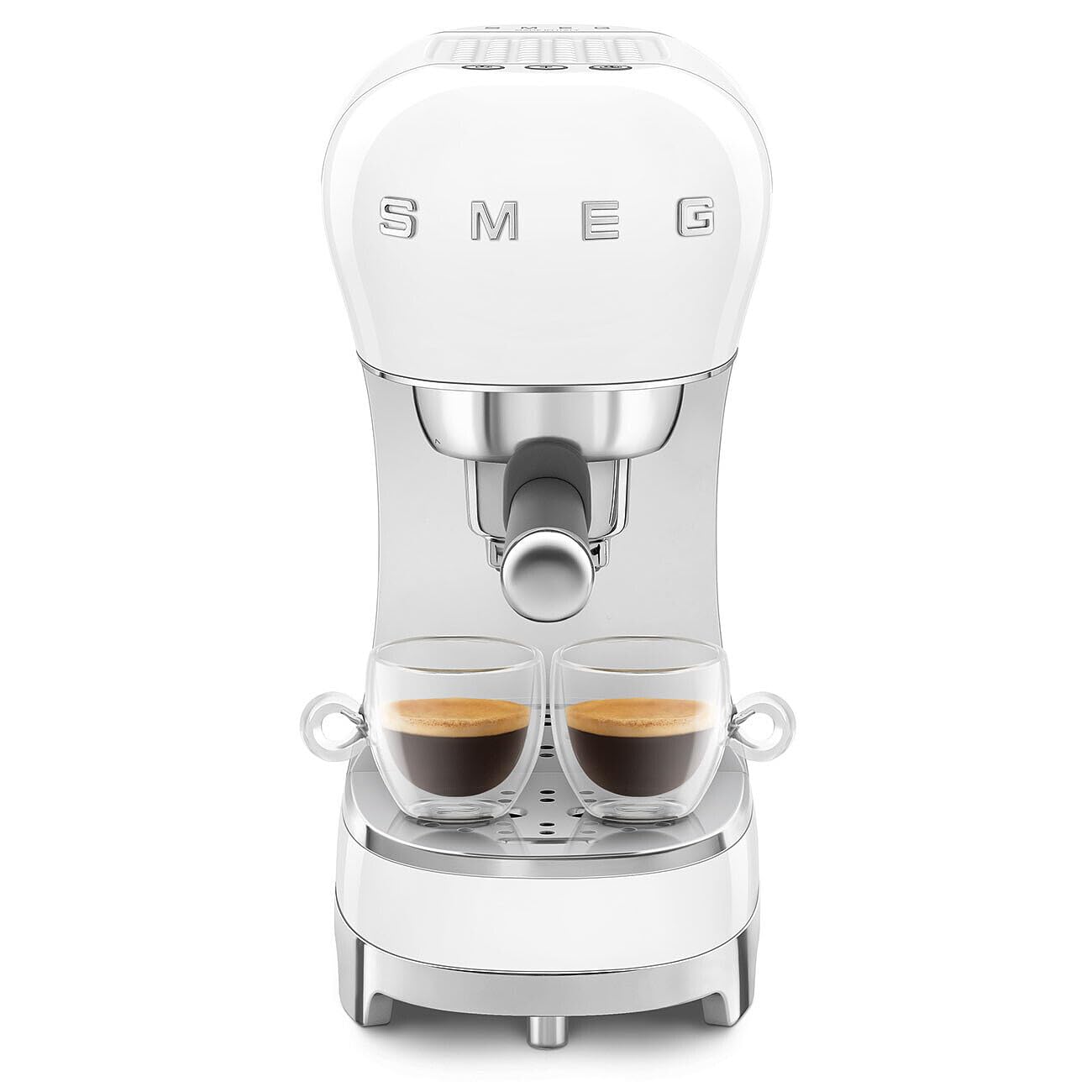 White SMEG espresso machine with two glass cups with coffee inside on a white background