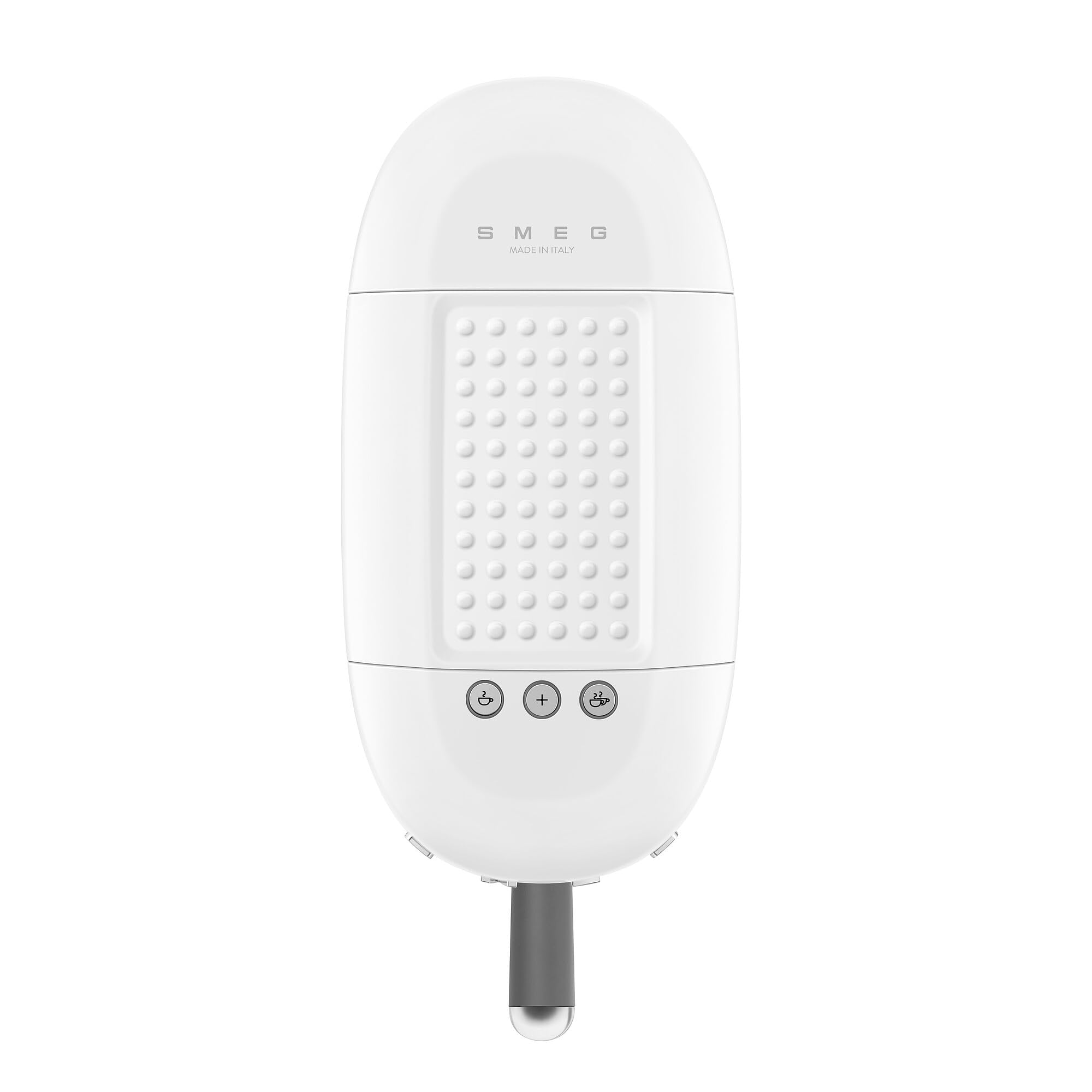 Top view of white Smeg espresso machine with control buttons displayed on a white background