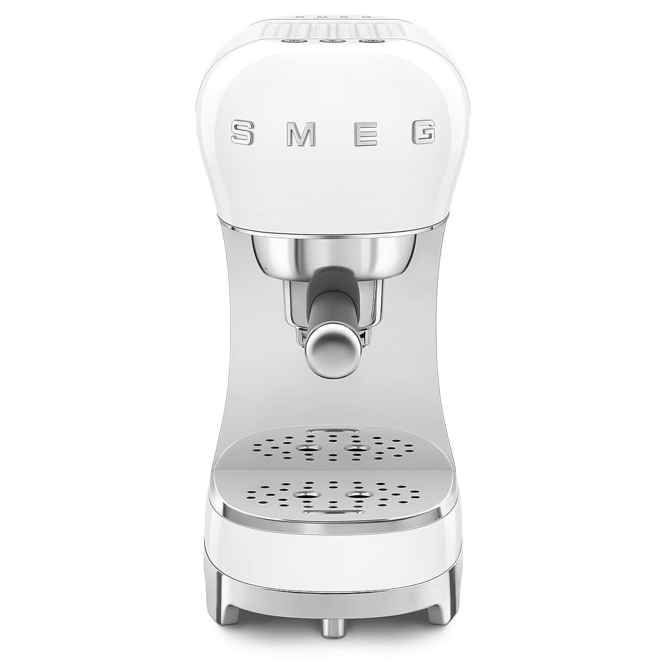 Front view of white SMEG espresso machine on a white background
