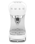 Front view of white SMEG espresso machine on a white background