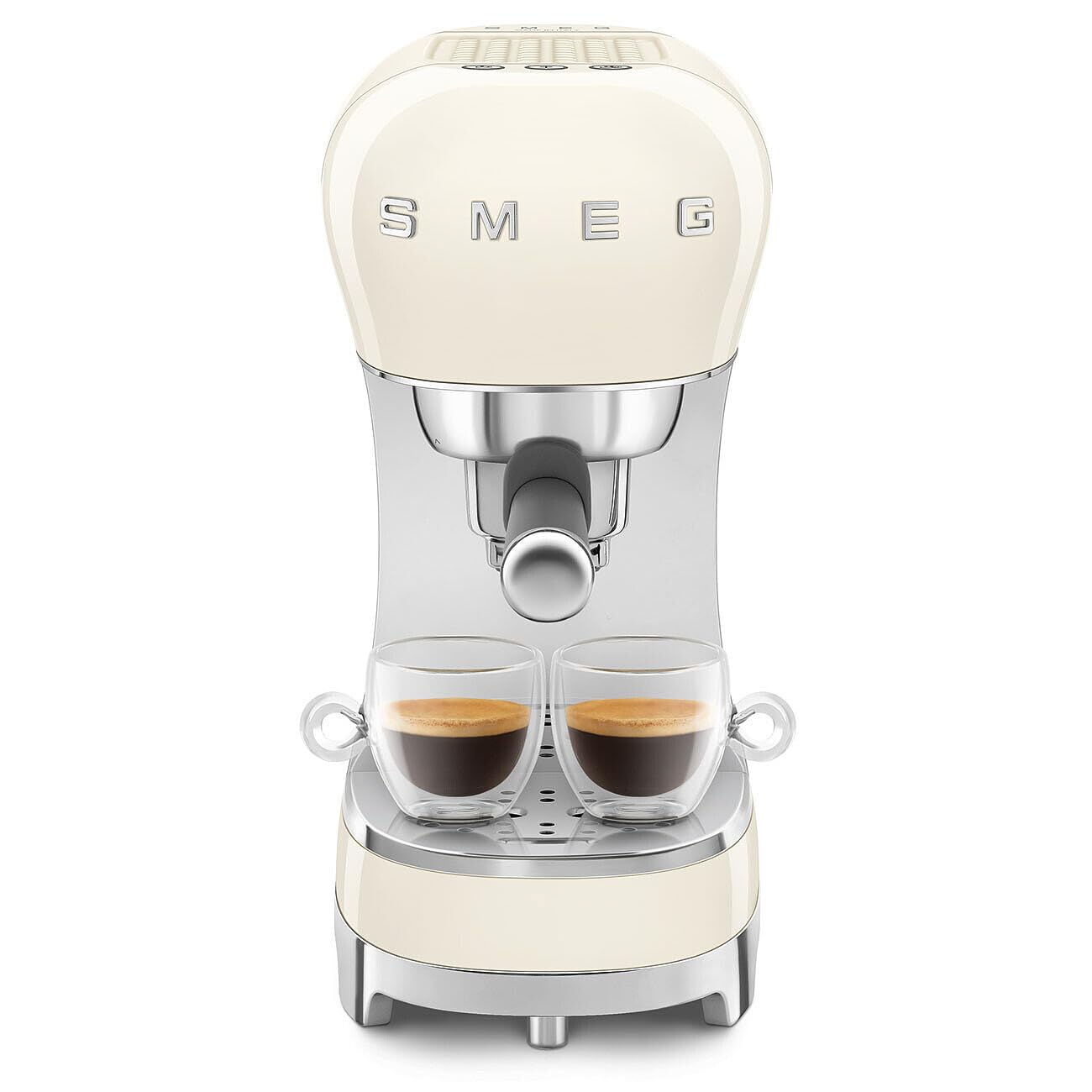 Cream-colored SMEG espresso machine with two glass cups with coffee inside on a white background