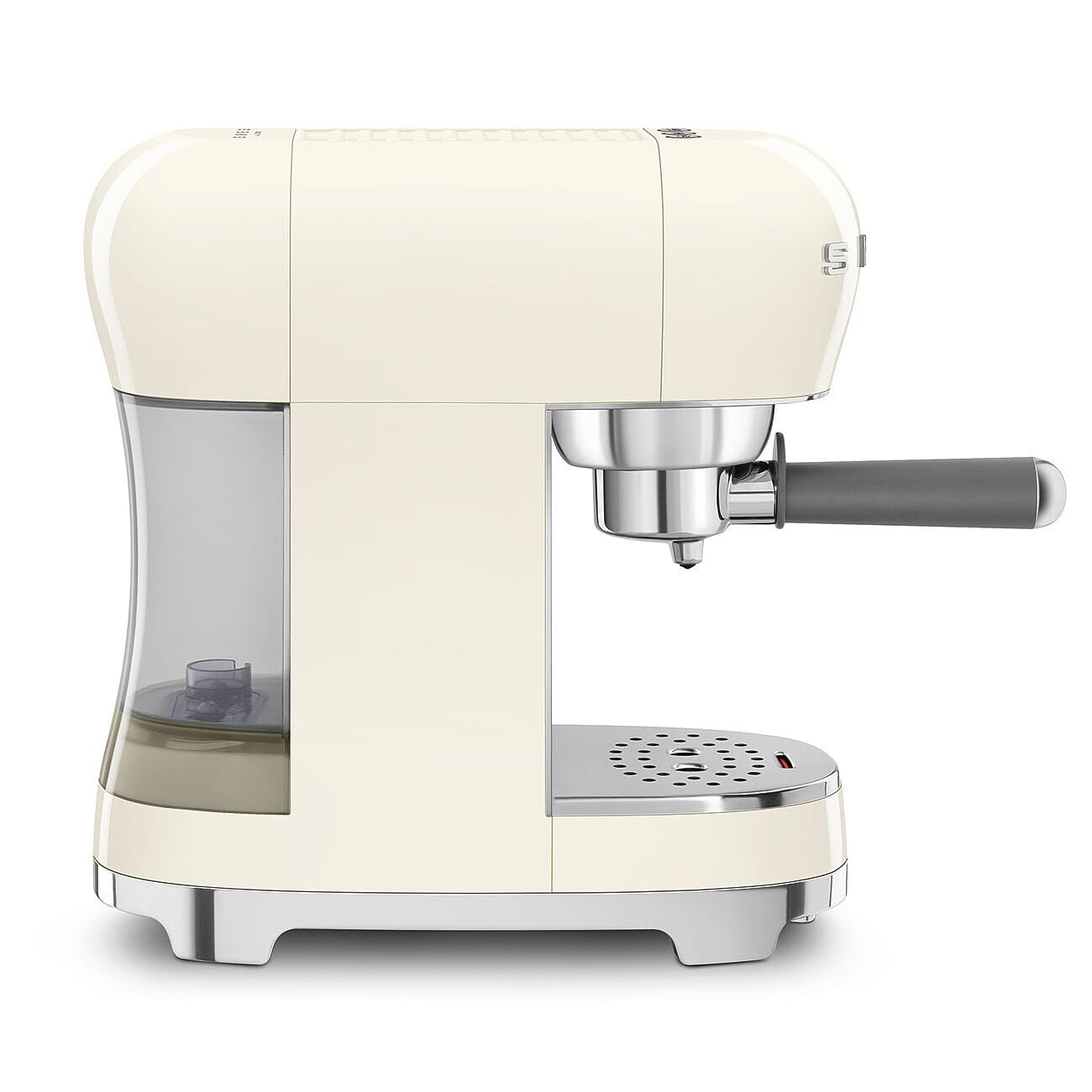 Side view of Smeg Cream-colored espresso machine with a clear water tank on a white background