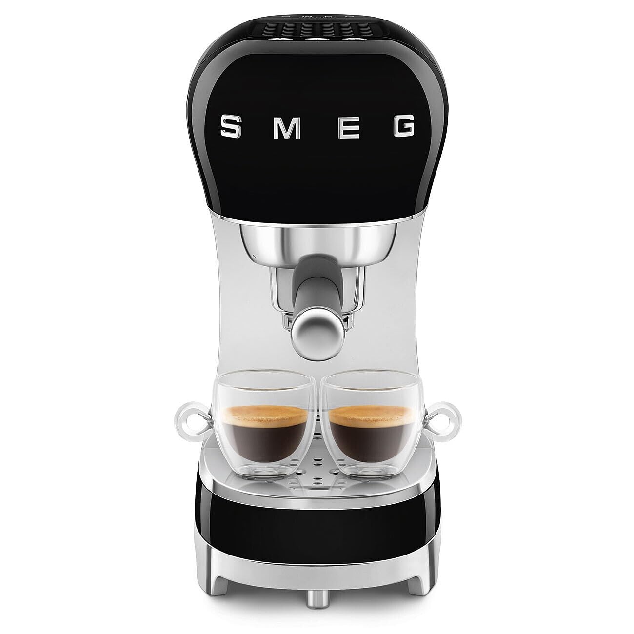 Black Smeg espresso machine with two glass cups with coffee inside on a white background
