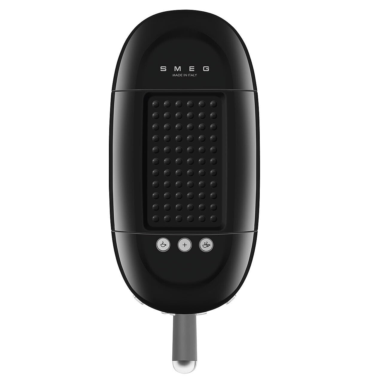 Top view of black Smeg espresso machine with control buttons displayed on a white background