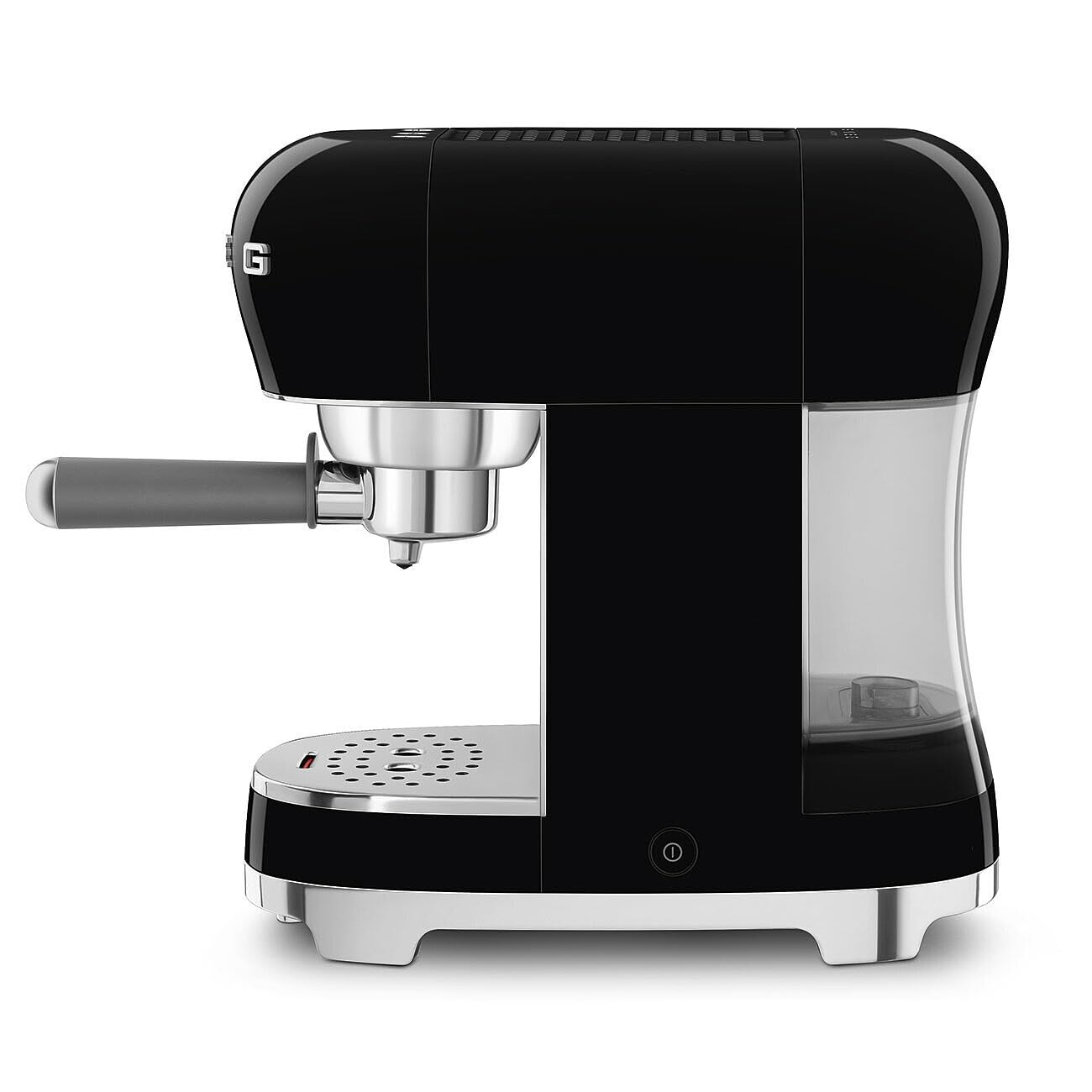 Side view of black espresso machine with silver accents on a white background