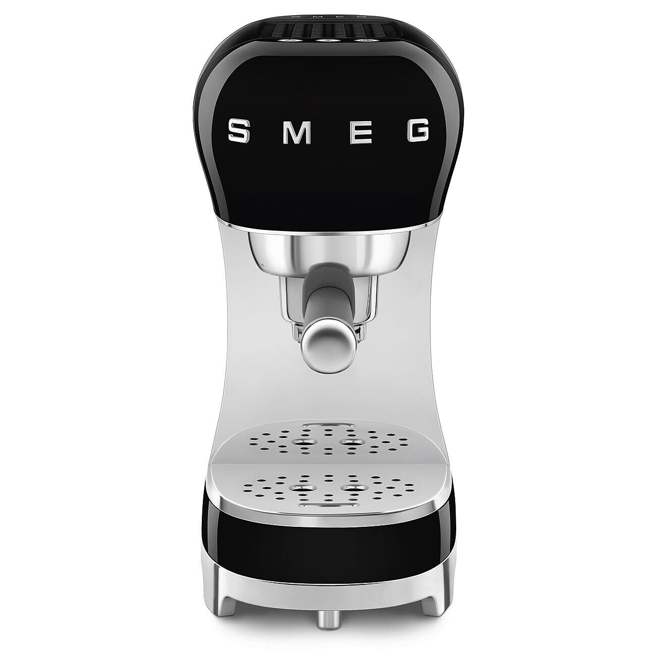 Front view of Smeg espresso machine with black top and base on a white background
